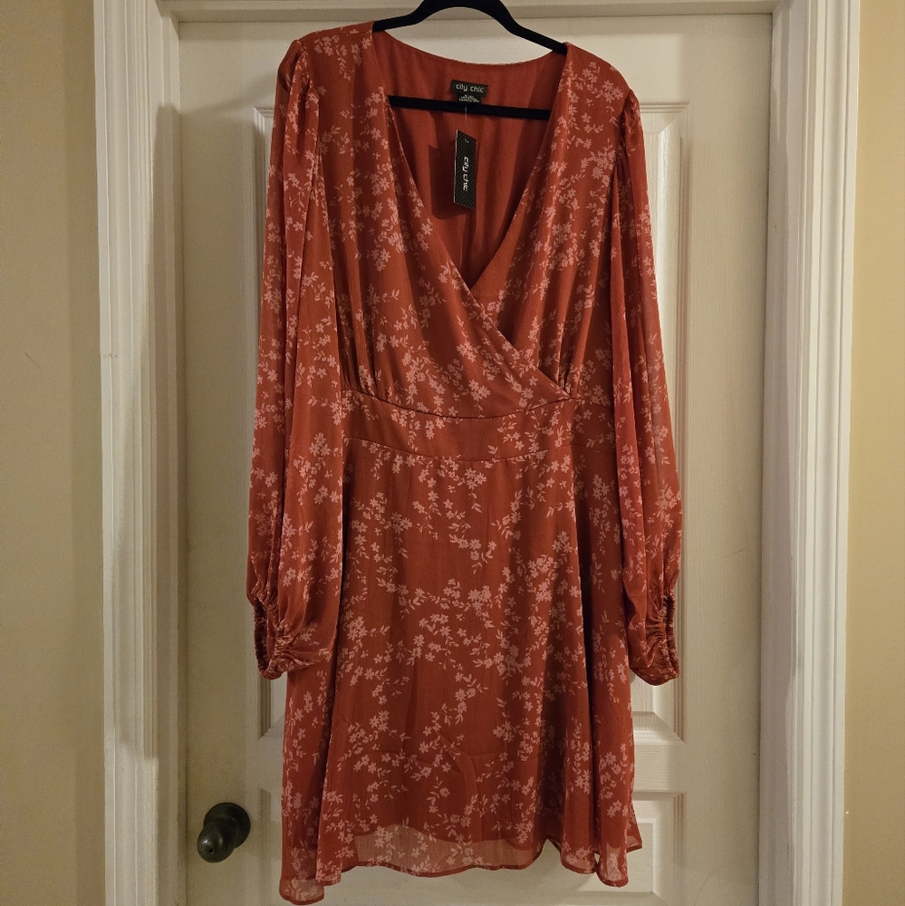 City Chic Rust Floral Long Sleeve Dress